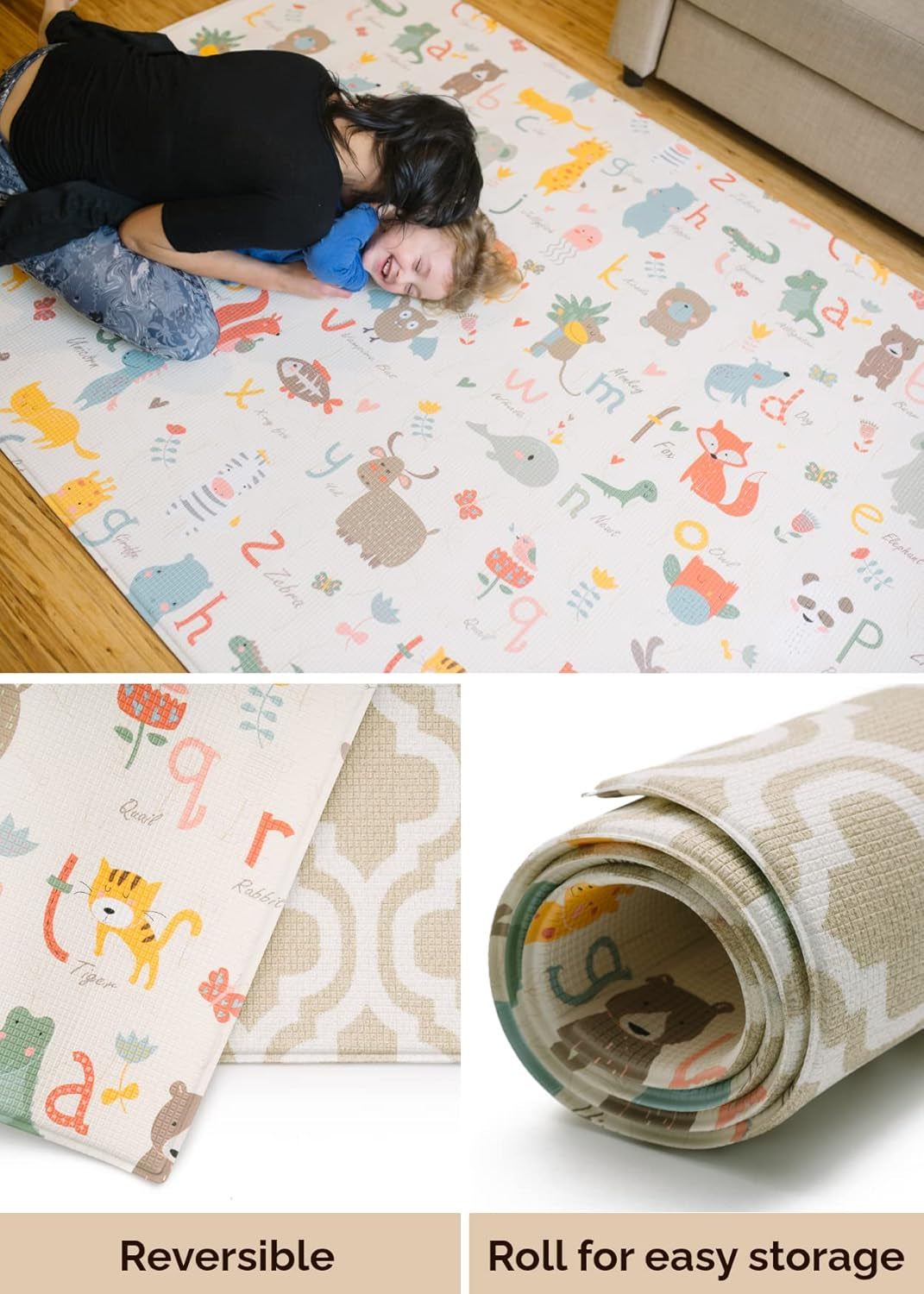 Play Mat (Medium, Moroccan - Beige) 73’’ X 49’’ Original One-Piece Reversible Rollable Waterproof Baby Mat for Floor, Play Mat for Babies 6-12 Months, Infants, Toddlers, and Kids