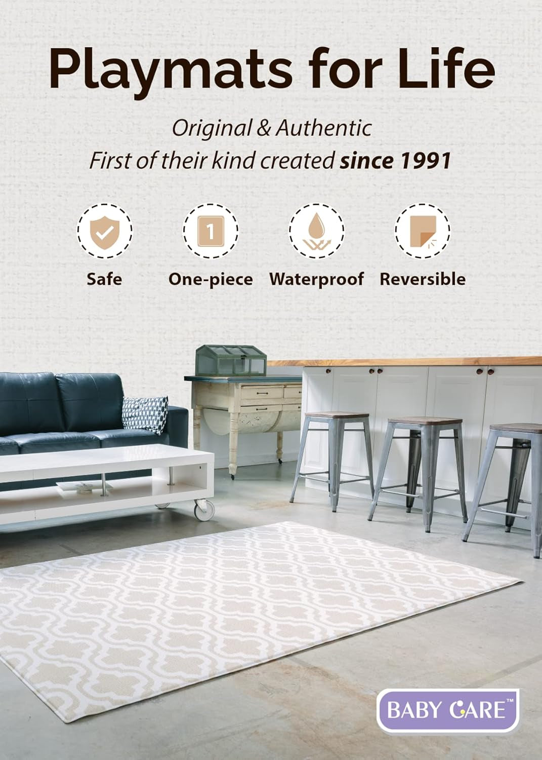 Play Mat (Medium, Moroccan - Beige) 73’’ X 49’’ Original One-Piece Reversible Rollable Waterproof Baby Mat for Floor, Play Mat for Babies 6-12 Months, Infants, Toddlers, and Kids