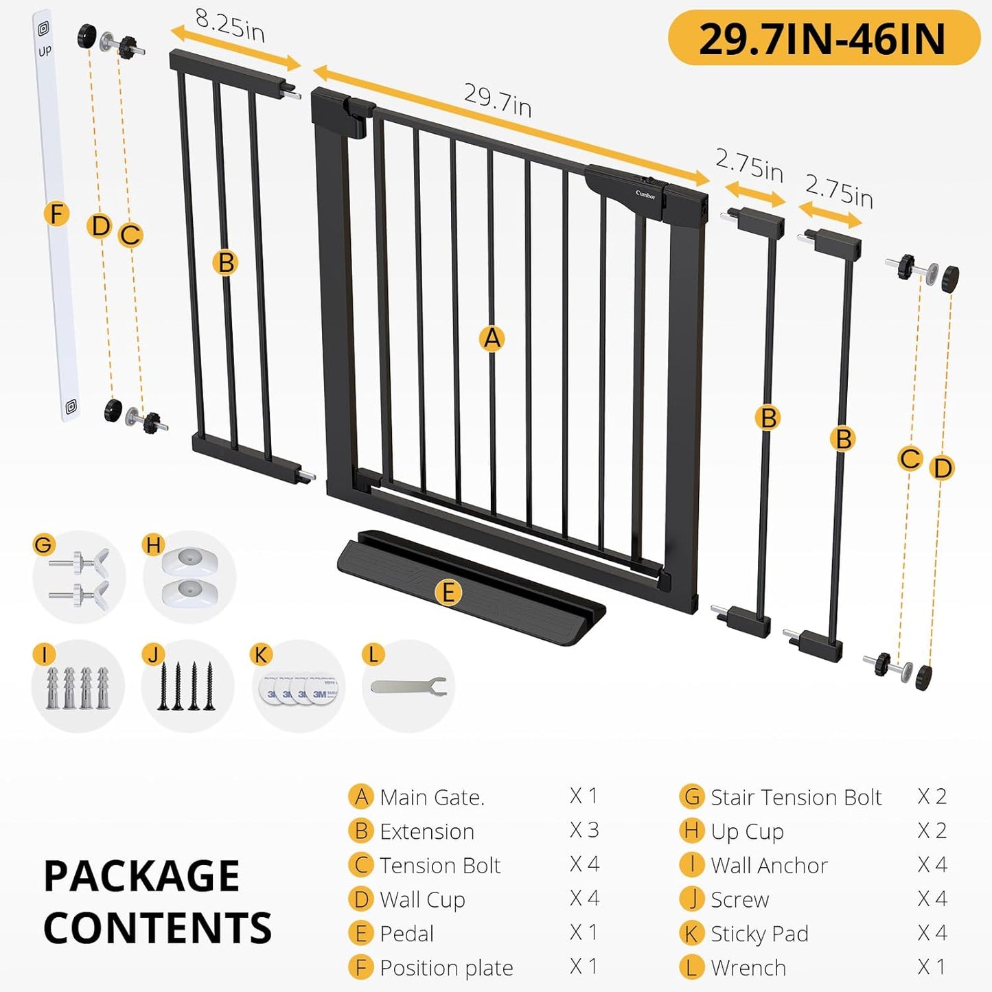29.7-46" Baby Gate for Stairs, Mom'S Choice Awards Winner-Auto Close Dog Gate for the House, Gifts for Mom, Easy Install Pressure Mounted Pet Gates for Doorways, Black