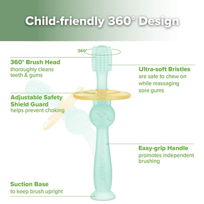 360° Baby Toothbrush with Suction Base - Gentle Cleaning for Toddler'S Self-Brushing Training, Food-Grade Silicone, Adjustable Safety Shield - Blue (1 Piece)