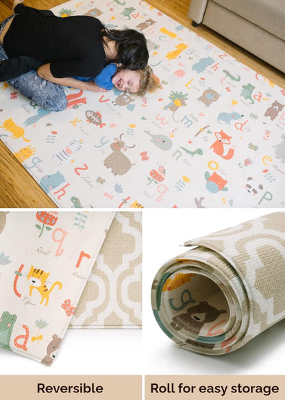 Play Mat (Medium, Moroccan - Beige) 73’’ X 49’’ Original One-Piece Reversible Rollable Waterproof Baby Mat for Floor, Play Mat for Babies 6-12 Months, Infants, Toddlers, and Kids