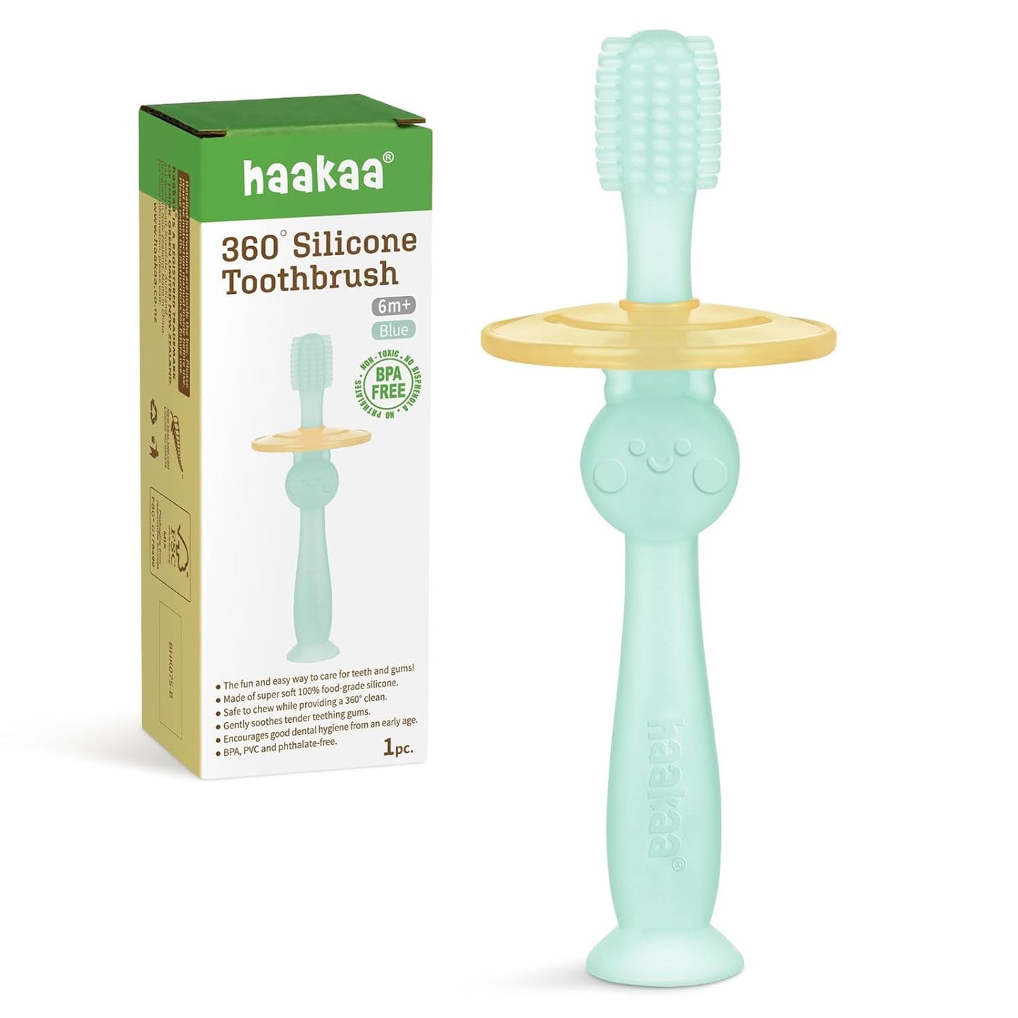 360° Baby Toothbrush with Suction Base - Gentle Cleaning for Toddler'S Self-Brushing Training, Food-Grade Silicone, Adjustable Safety Shield - Blue (1 Piece)