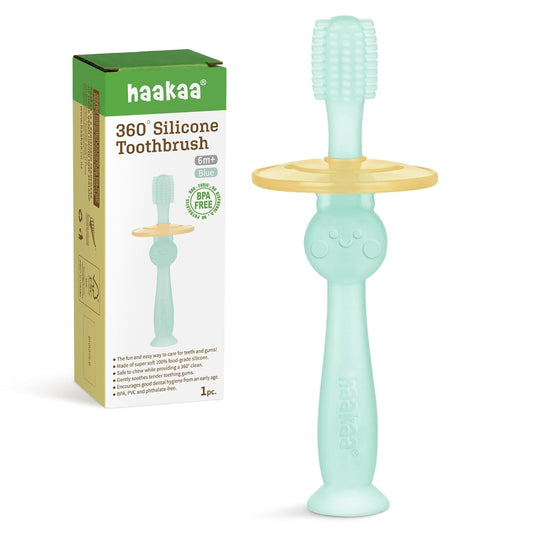 360° Baby Toothbrush with Suction Base - Gentle Cleaning for Toddler'S Self-Brushing Training, Food-Grade Silicone, Adjustable Safety Shield - Blue (1 Piece)